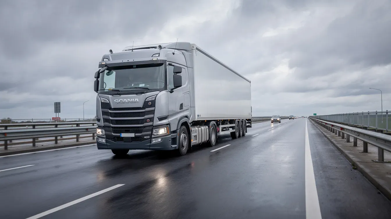 A large lorry is driving along a motorway under an overcast sky, showcasing its size and presence on the road. The vehicle's registration number is visible, emphasizing the importance of a valid MOT certificate for ensuring roadworthiness.