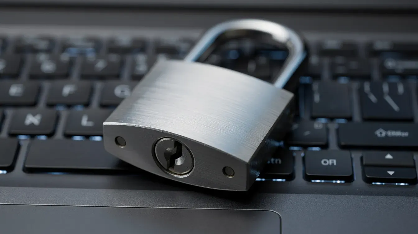 A close-up image shows a padlock placed on a computer keyboard, suggesting themes of security and access to online services, such as obtaining a replacement MOT certificate or managing vehicle registration details. The combination of the padlock and keyboard highlights the importance of protecting sensitive information, like a vehicle's MOT history.