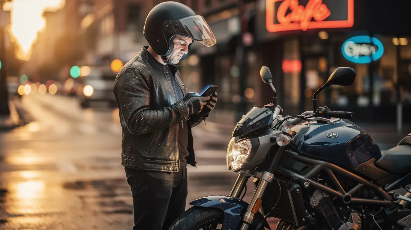 A motorcycle rider is standing next to a parked motorbike, intently checking their smartphone for information related to the vehicle's MOT status and expiry date. The scene suggests they might be looking for details like the vehicle's registration number or upcoming MOT test dates.