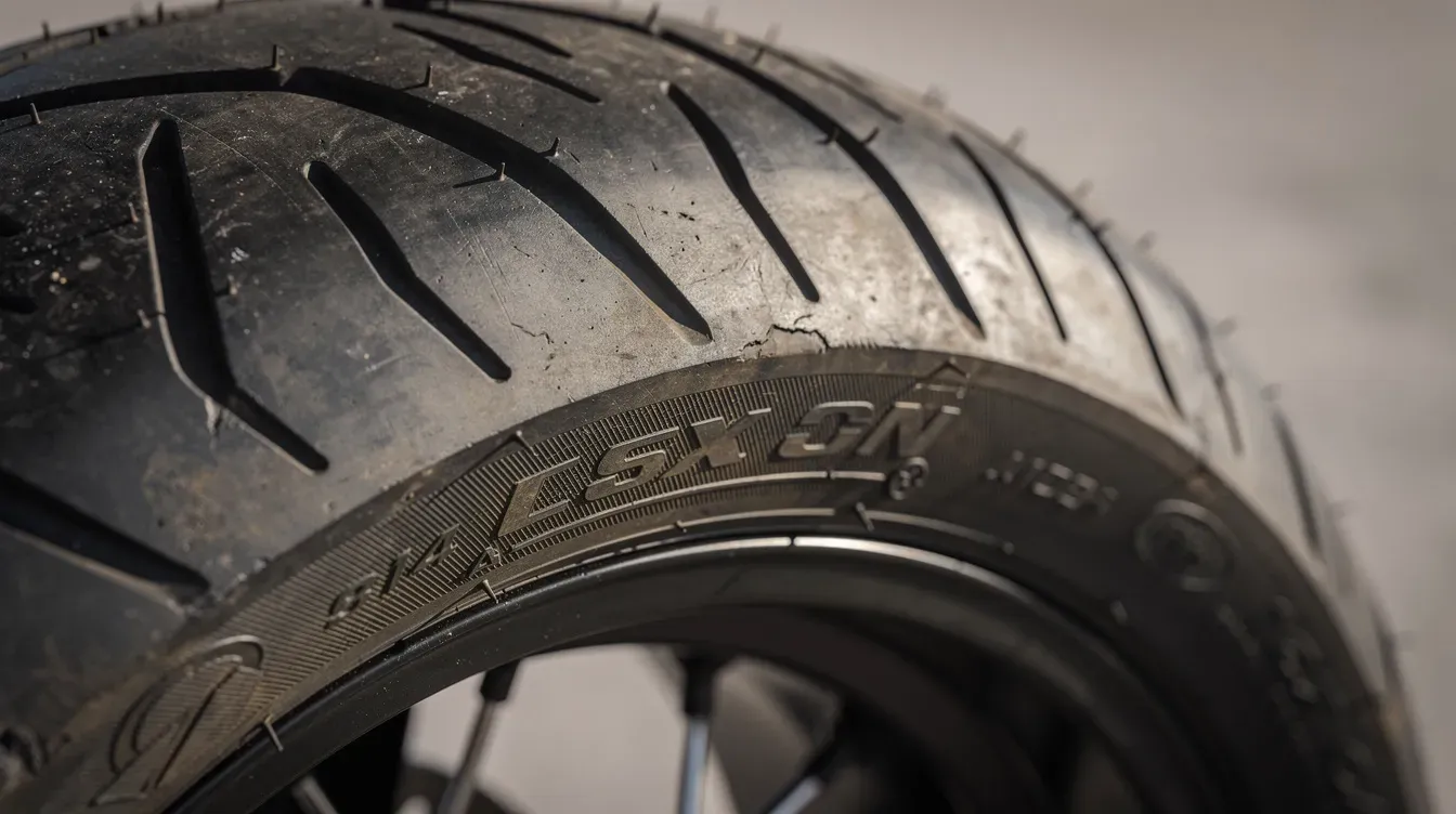 A close-up photograph of a motorcycle rear tyre showcases the intricate tread pattern and sidewall, emphasizing the importance of maintaining a legal minimum tread depth for safety on UK roads. This image highlights the motorcycle's condition, which is essential for ensuring a valid MOT certificate and avoiding dangerous defects.