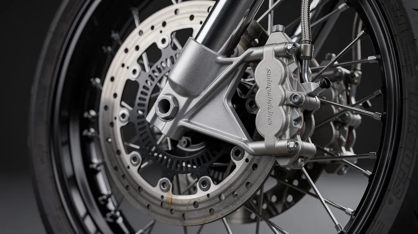 The image shows a close-up view of a motorcycle's front disc brake and caliper assembly, highlighting the intricate details of the braking system. This essential component plays a crucial role in ensuring the vehicle's safety and performance on the road.