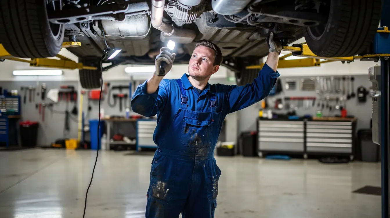 A mechanic in blue overalls is inspecting the underside of a raised car in a well-lit workshop, ensuring it meets vehicle standards for the next MOT test. Tools are scattered nearby, and the workshop is organized, reflecting a professional environment for car repairs and services.