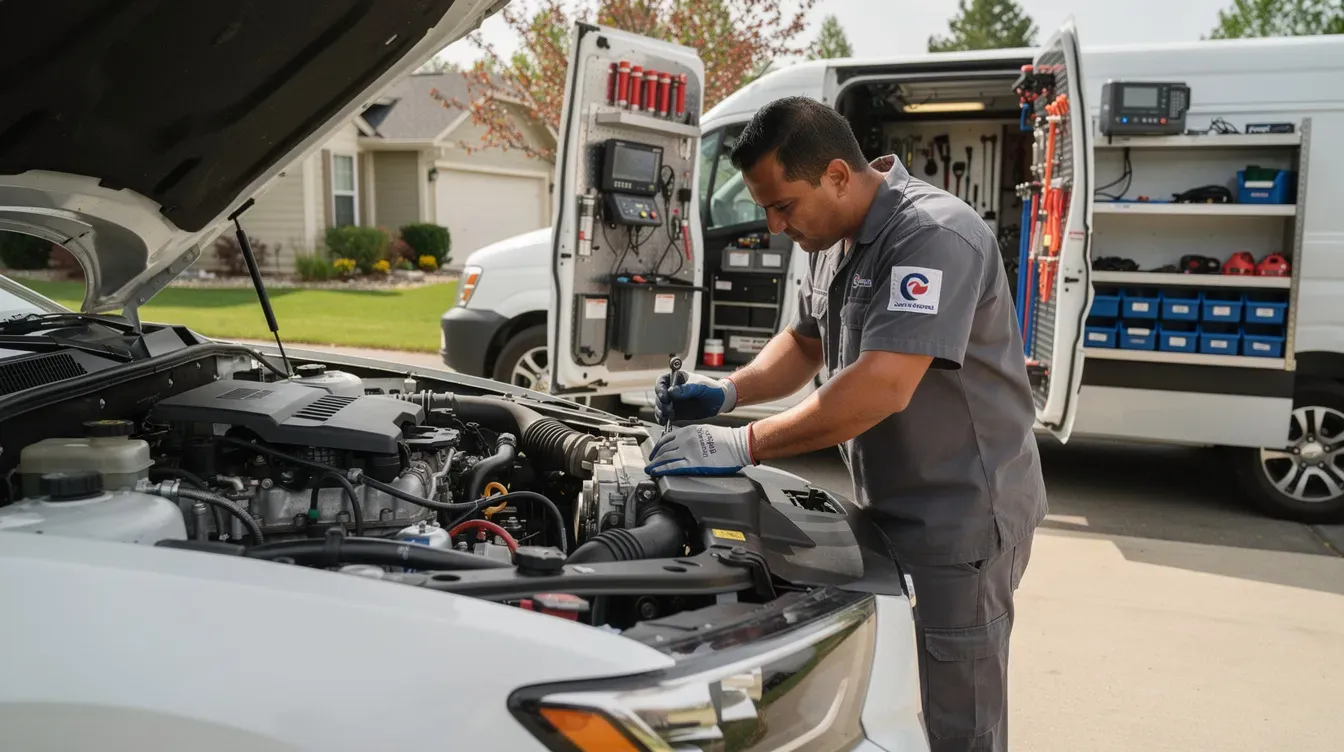 A mobile mechanic is working on a car engine in a residential driveway, with a fully equipped van parked behind him. This scene highlights the convenience of mobile car services, ensuring that vehicle repairs and maintenance can be conducted right at home.