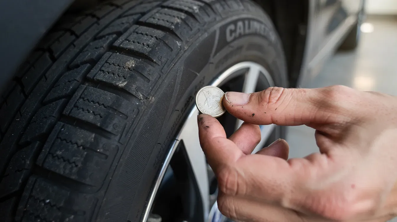A close-up image shows a person inspecting the tread depth of a car tyre using a coin, a common method to ensure the tyre meets vehicle standards for safety. This practice is essential for passing the MOT test and maintaining a valid MOT certificate.