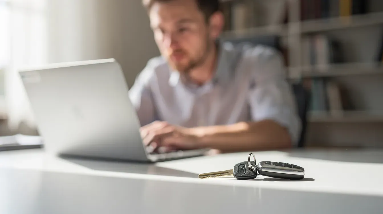 A person is sitting at a desk, intently checking their laptop screen while car keys rest beside them. The scene suggests they may be looking up their vehicle's registration number or checking the status of their MOT certificate.