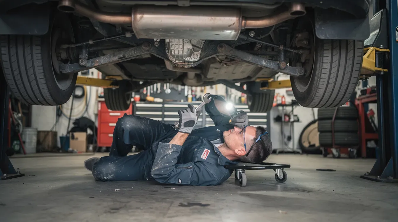 A mechanic is lying on the ground underneath a raised car, inspecting the exhaust system and brakes for any issues. The scene highlights the importance of regular vehicle maintenance, such as ensuring a valid MOT certificate is obtained for safety on the road.