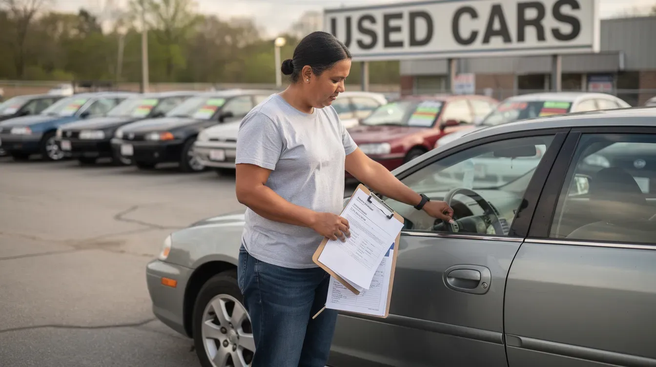 A person stands at a car dealership, closely examining a used vehicle while holding paperwork that likely includes the vehicle's registration number and details about its MOT status. The scene captures the process of checking the car's service history and valid MOT certificate before making a purchase decision.