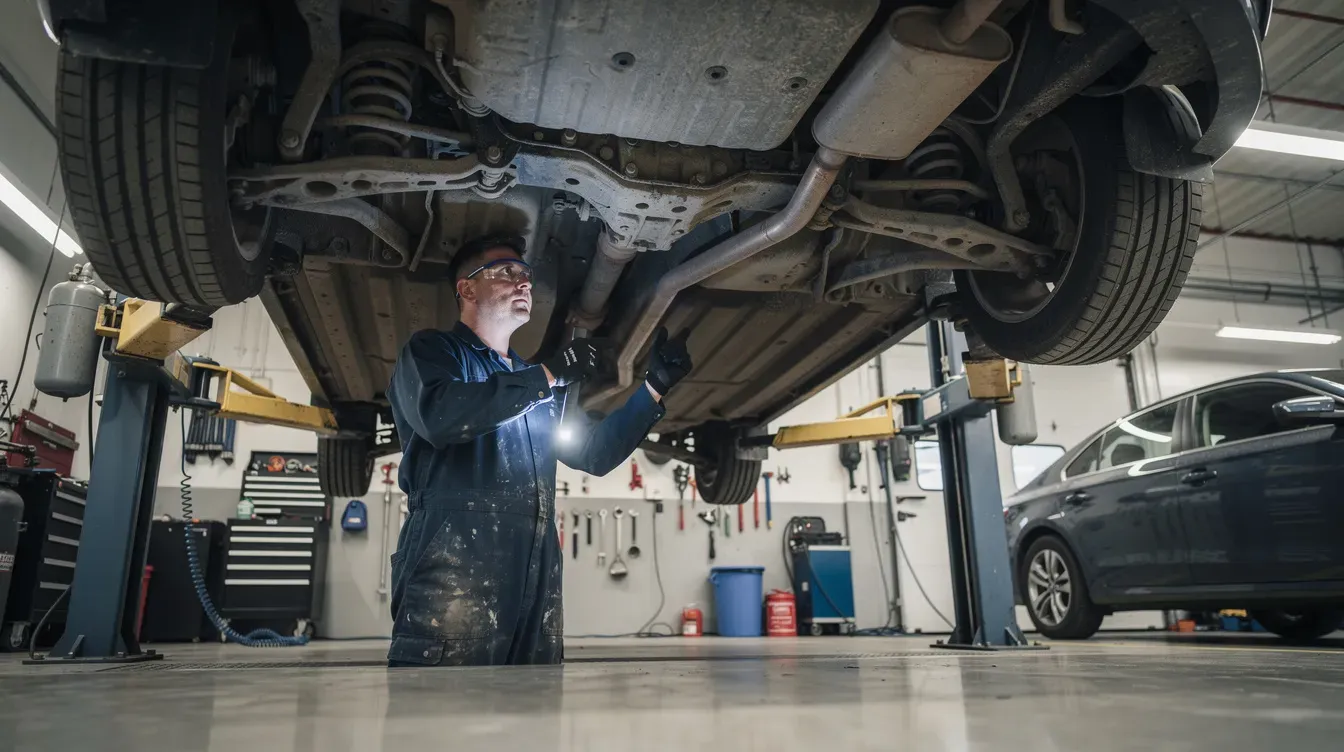 A mechanic is inspecting the underside of a car on a vehicle lift in a garage workshop, ensuring all components are in good condition for the vehicle's MOT. The setting emphasizes the importance of regular maintenance and the need for a valid MOT certificate to avoid penalties and ensure road safety.