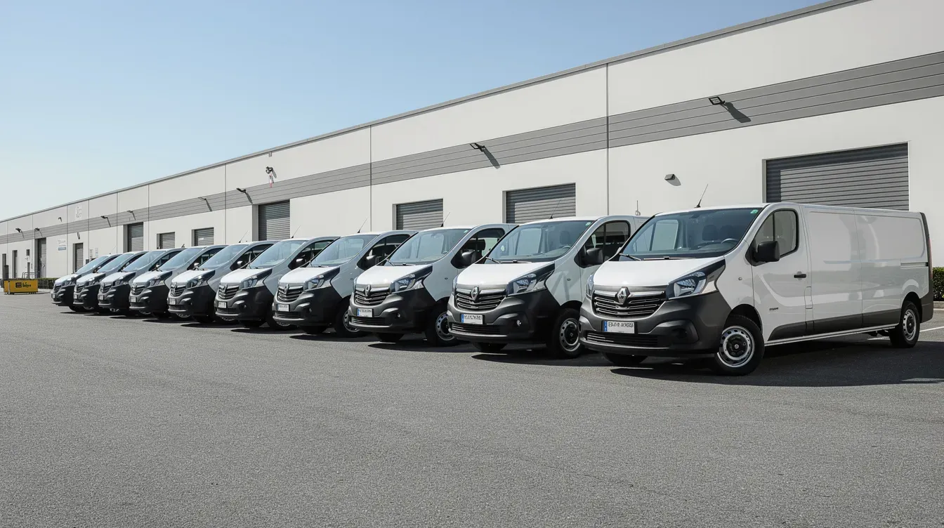 The image shows a row of white work vans parked neatly in a commercial yard, all appearing well-maintained and ready for use. Each vehicle is likely registered and may have a valid MOT, ensuring they meet the official guidance for road safety and compliance.