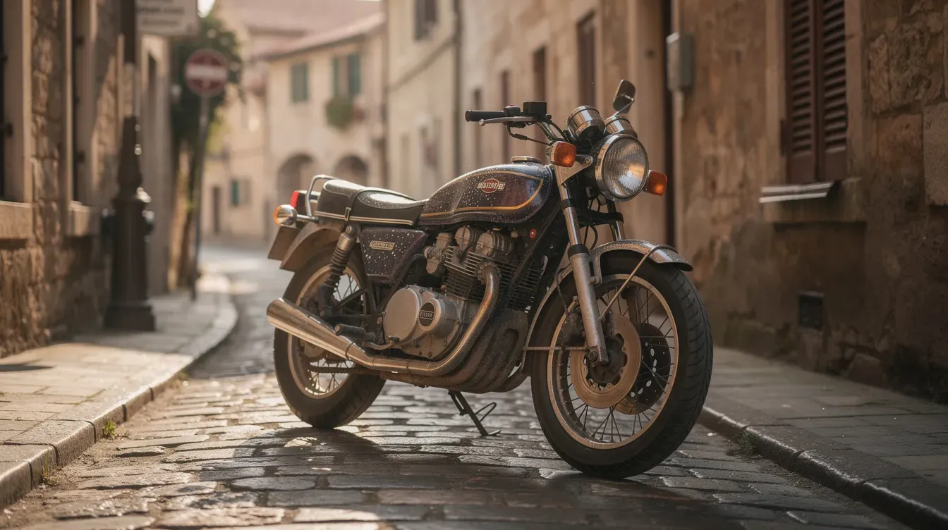 A vintage motorcycle from the early 1980s is parked on a charming cobblestone street, showcasing its classic design and historic vehicle status. This motorcycle, likely exempt from MOT testing due to its age, exudes a sense of nostalgia and reflects the beauty of vehicles with historical interest.