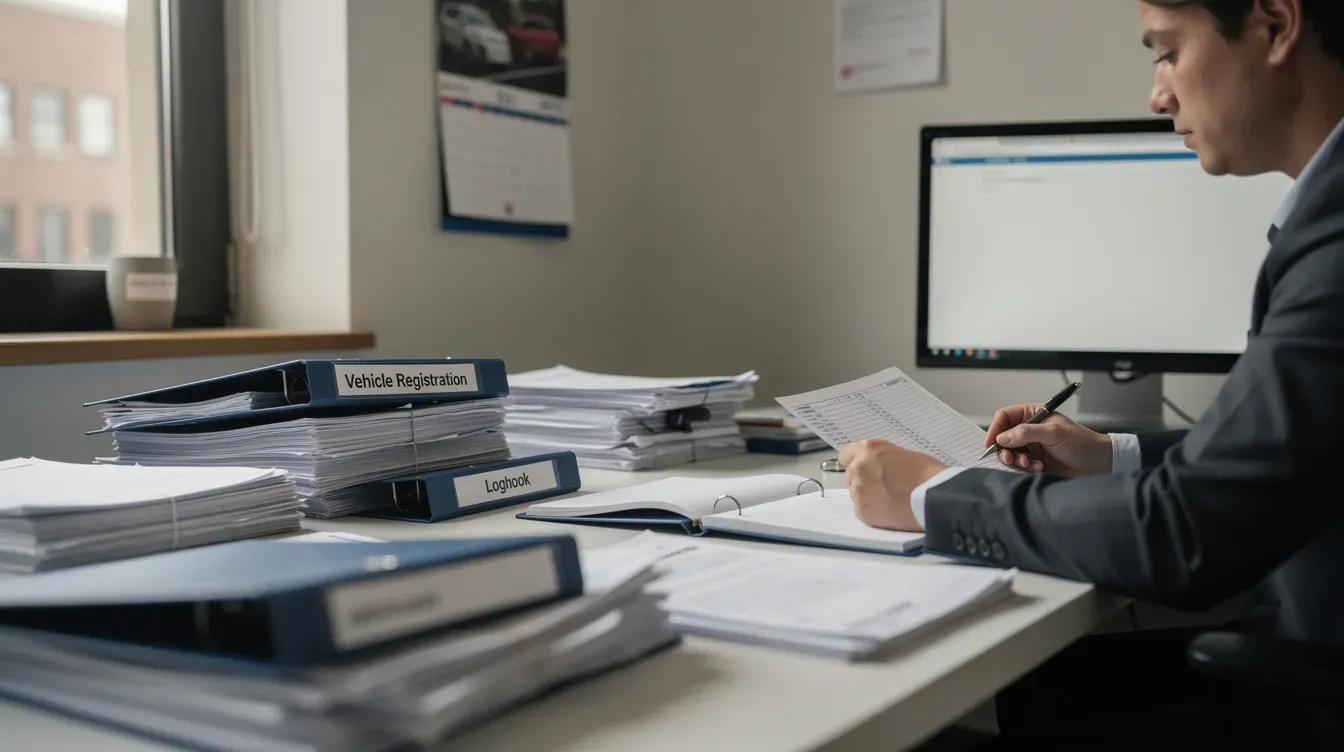 A person is seated at a desk, meticulously reviewing vehicle registration documents alongside a logbook, ensuring compliance with the legal requirements for vehicle tax and confirming the vehicle's MOT status. The scene conveys the importance of understanding exemptions, particularly for historic vehicles that may qualify for MOT exemption due to their age.