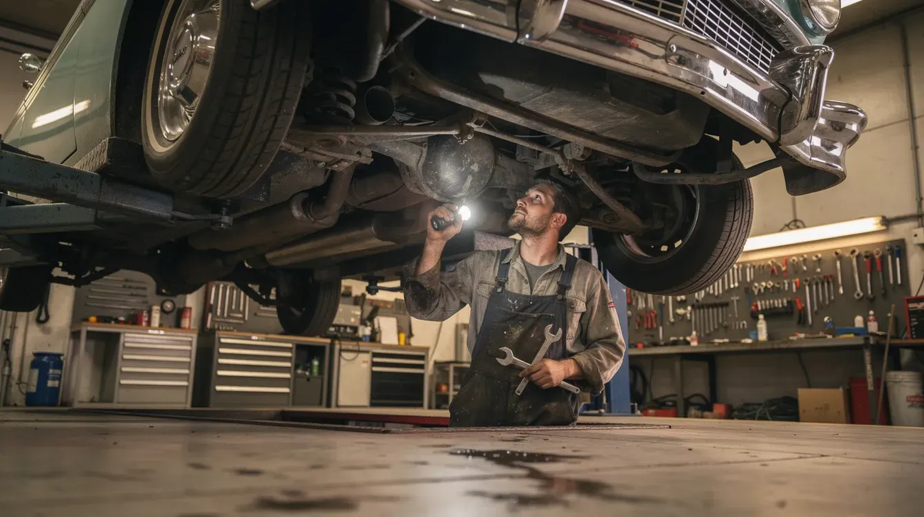 A mechanic is inspecting the underside of a classic car on a vehicle lift in a workshop, ensuring it meets the legal requirements for MOT status. This vehicle, being over 40 years old, may qualify for MOT exemption under the historic vehicle tax class.