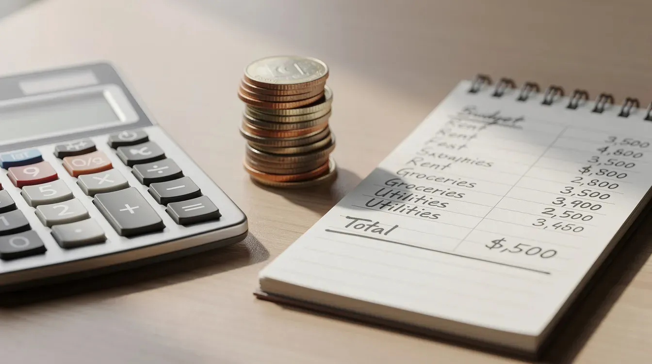 The image shows a calculator placed next to a stack of coins and a notepad filled with handwritten budget calculations, reflecting the importance of managing finances when considering how much universal credit one can claim. This setup emphasizes the need for careful budgeting, especially for those navigating housing costs and other financial obligations.