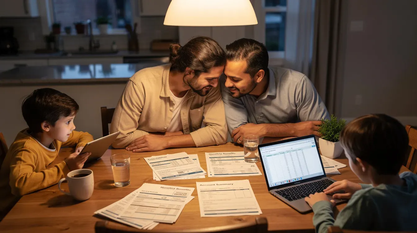 A family is gathered around a dining table, reviewing household bills and benefit statements, including their universal credit payment and housing costs. They appear engaged in discussion about how much universal credit they can claim and the implications of their earnings on their benefits.