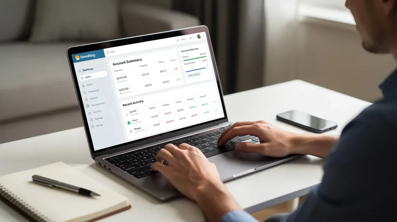 A person is sitting at a desk, focused on their laptop as they access their online universal credit account to review financial statements and check their last universal credit payment. The screen displays various details related to their universal credit claim, including housing costs and monthly earnings.
