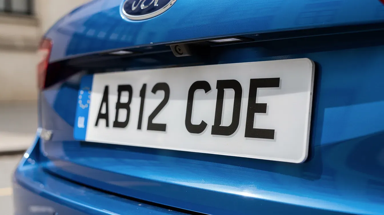 The image shows a close-up of a UK vehicle number plate on a blue car, clearly displaying the vehicle's registration number. This plate is essential for checking the vehicle's MOT status, including the MOT expiry date and whether a valid MOT certificate is in place.