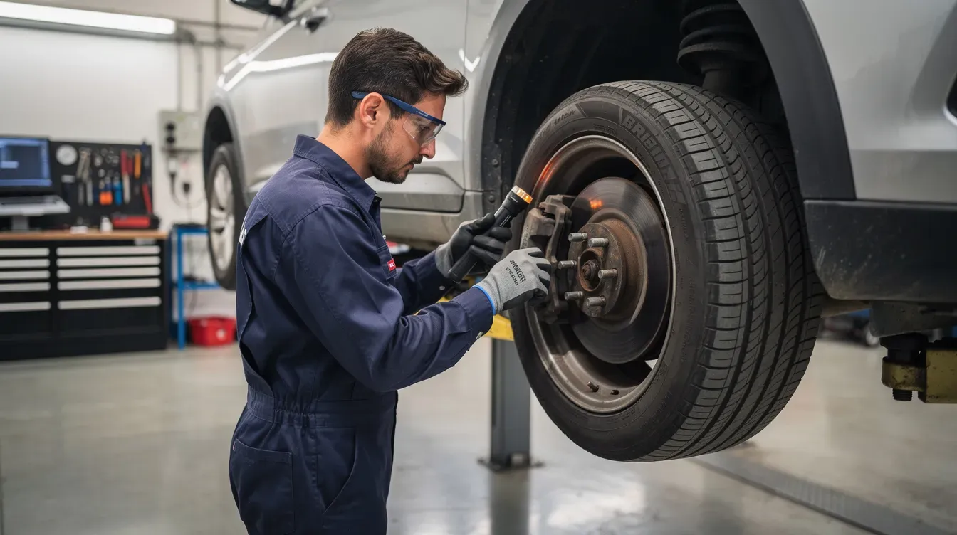A mechanic is inspecting the brakes and tyres of a vehicle elevated on a lift, ensuring it meets the necessary standards for a valid MOT certificate. This inspection is crucial for determining the vehicle's MOT status and ensuring it can safely pass its next MOT test.