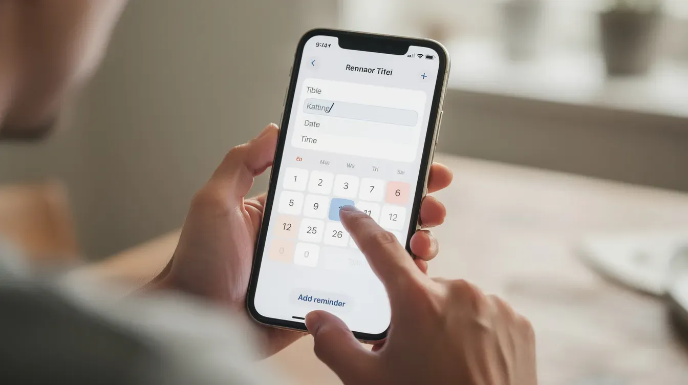 An individual is seen adding a reminder for their vehicle's MOT renewal date on a digital calendar using their smartphone. This action helps ensure they check the MOT status and avoid fines by keeping track of their car's valid MOT certificate and expiry date.
