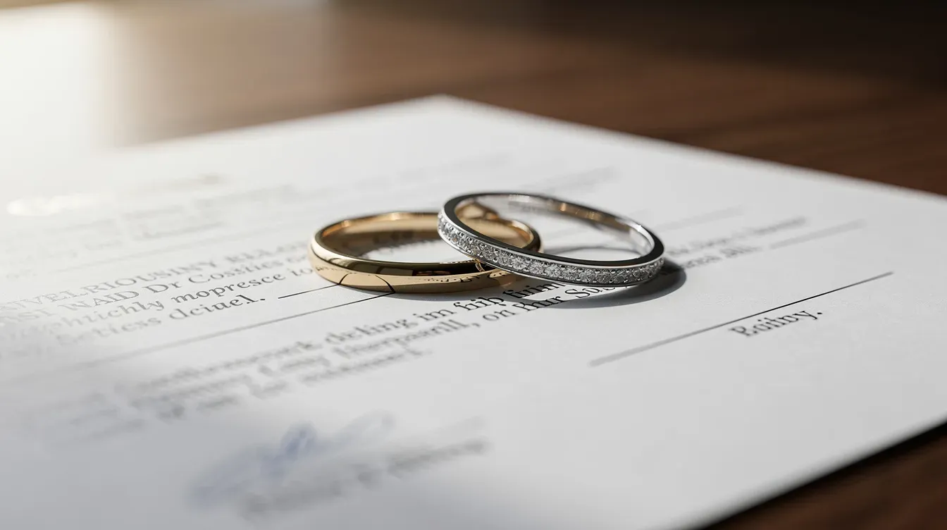 Two wedding rings are elegantly placed on top of official paper documents, including a marriage certificate and a passport application form, on a wooden desk. The scene symbolizes the legal aspects of marriage and name change, highlighting the importance of these documents in the process of applying for a new passport.