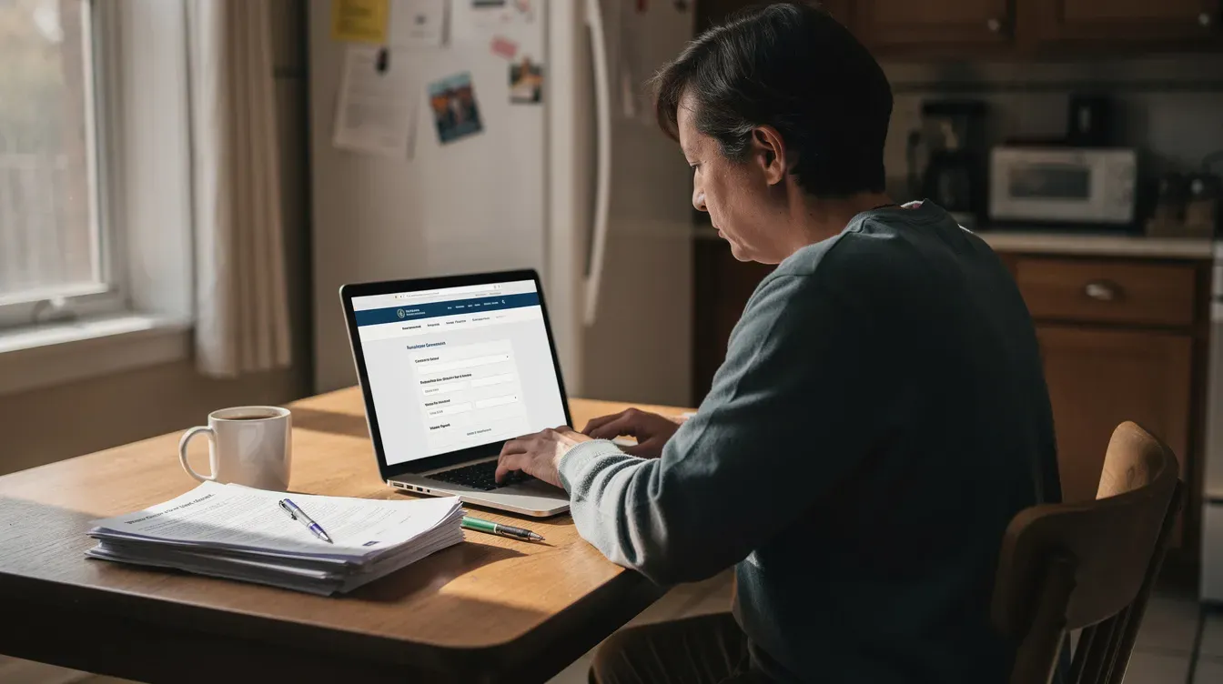 A person is sitting at a kitchen table, focused on their laptop as they fill out a government passport application form, surrounded by supporting documents like a birth certificate and marriage certificate. The scene reflects the process of applying for a new passport or renewing an old passport.