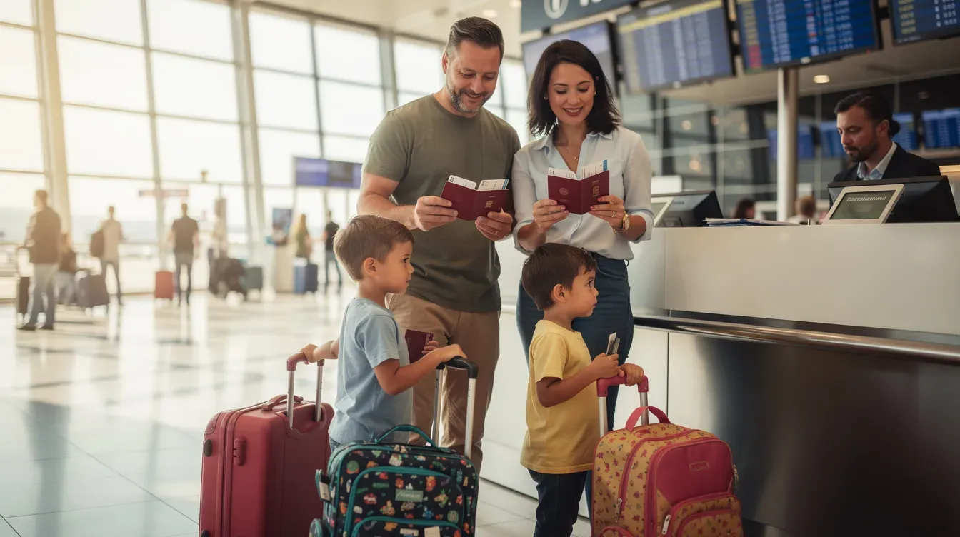 A family with young children stands at an airport check-in counter, each holding their passports in hand, ready to travel abroad. The scene captures the excitement and anticipation of their journey, with official documents visible as they prepare for their flight.