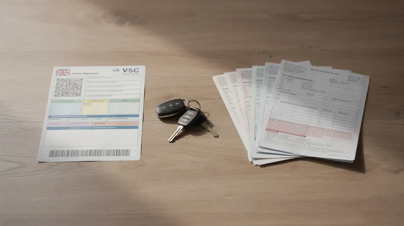 The image shows a set of car keys, a V5C vehicle registration document, and various car paperwork neatly arranged on a table, indicating the necessary items for ensuring a vehicle has a valid MOT certificate and is ready for its next MOT test. This paperwork is essential for car owners to keep track of their vehicle's MOT history and renewal dates.