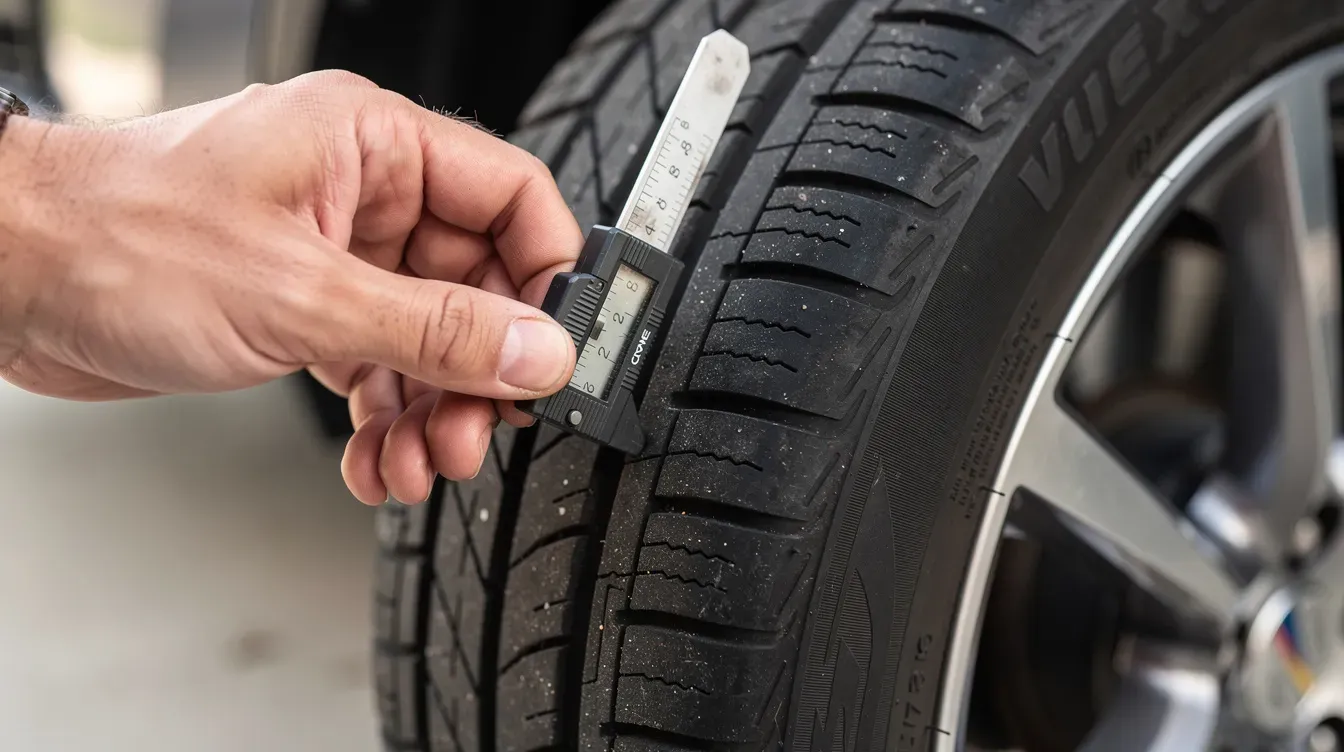 A close-up image shows a person using a tread gauge to measure the tyre tread depth on a car wheel, ensuring it meets safety standards for a valid MOT test. This check is crucial for maintaining the vehicle's road safety and preparing for its next MOT renewal date.