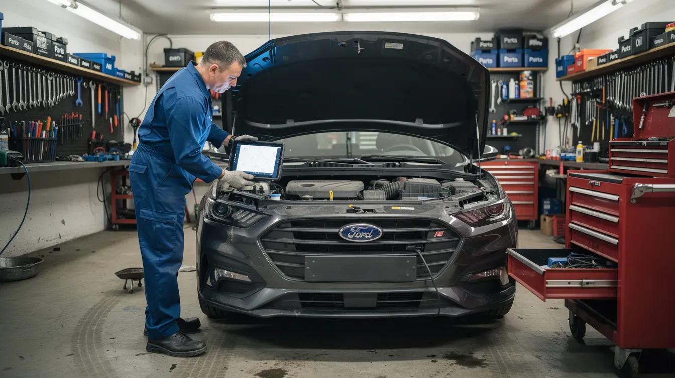 A mechanic is inspecting a car inside a garage workshop, checking its components to ensure it meets road safety and environmental standards. This inspection is crucial for obtaining a valid MOT certificate, especially as the car approaches its first MOT test.