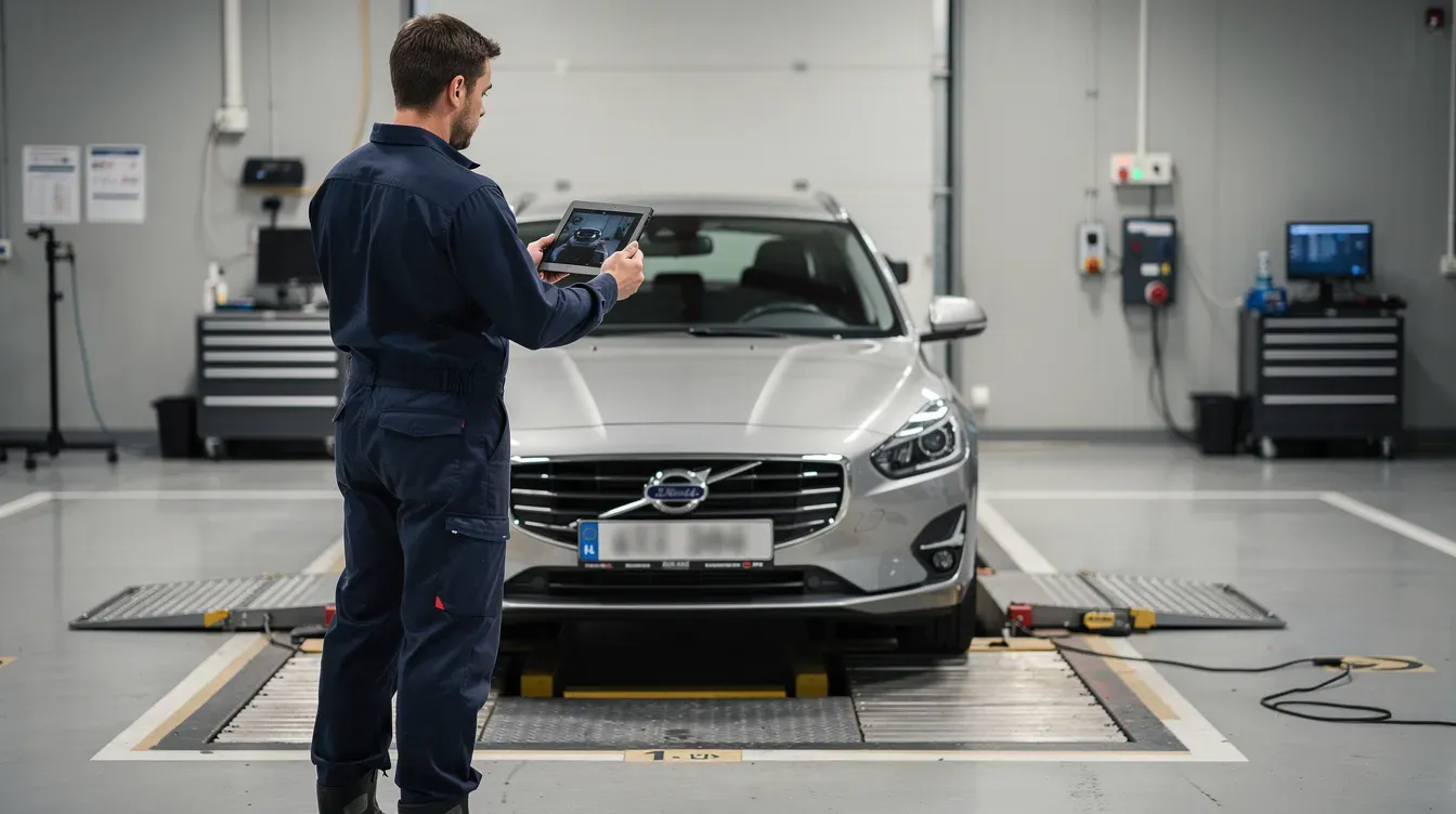 A mechanic is inside a testing bay, using a tablet device to photograph a car's front registration plate as part of the MOT testing service. This process ensures compliance with vehicle safety standards and helps vehicle owners maintain a valid MOT certificate.