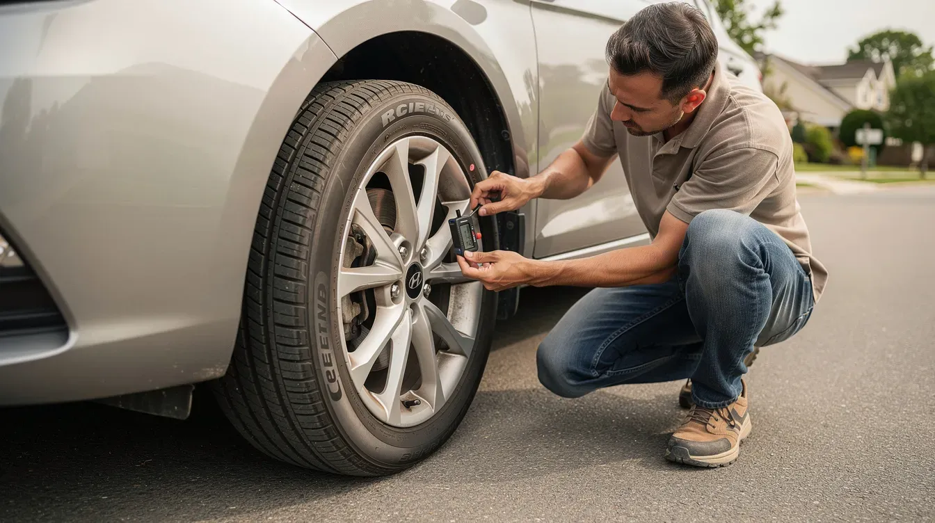A driver is crouching beside their car, using a gauge to check the tyre tread depth, ensuring it meets vehicle safety standards required for a valid MOT certificate. This inspection is crucial for road safety and compliance with the new MOT rules.