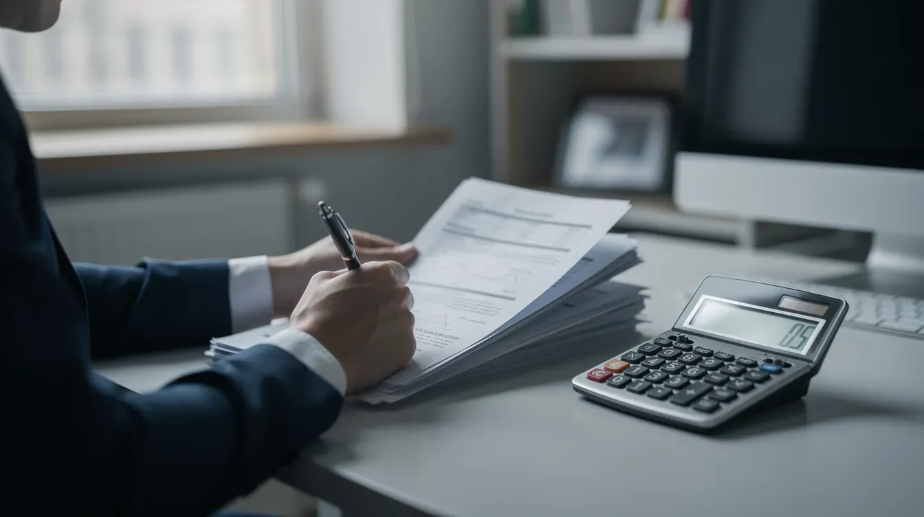 A person is seated at a desk, carefully reviewing paperwork related to their universal credit claim, with a calculator placed nearby to assist with financial calculations. This scene reflects the importance of managing living costs and understanding entitlement to financial support.