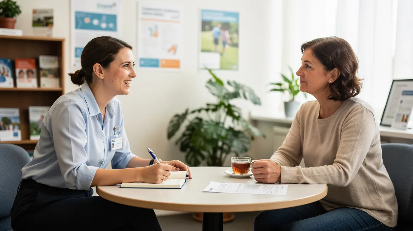 The image shows a friendly support worker engaging in conversation with an individual at a community advice centre, providing guidance on how to claim universal credit and discussing financial support options. The setting reflects a welcoming environment where people can seek help with their benefits and entitlements.