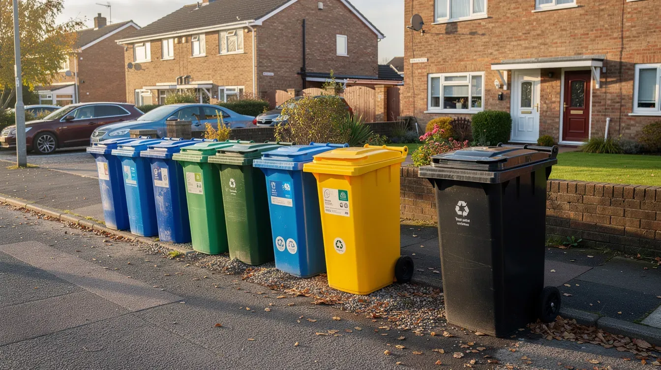 A row of colorful recycling bins and a black waste bin are positioned along a residential kerb, indicating collection day in Bedworth borough. This scene reflects the council services provided to residents by the Nuneaton and Bedworth Borough Council.