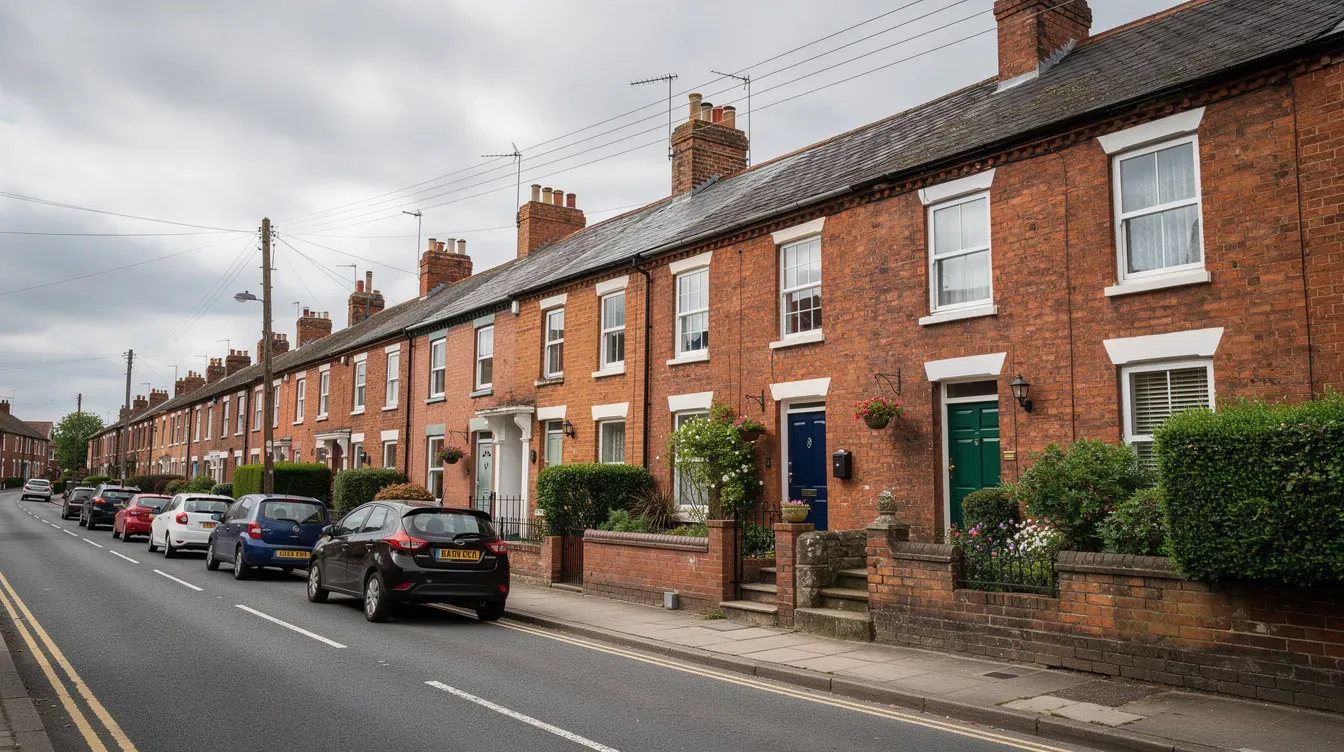 A row of traditional red brick terraced houses lines a quiet residential street in an English town, reflecting the character of the Bedworth borough. The scene captures the essence of community life, typical of the Nuneaton and Bedworth area.