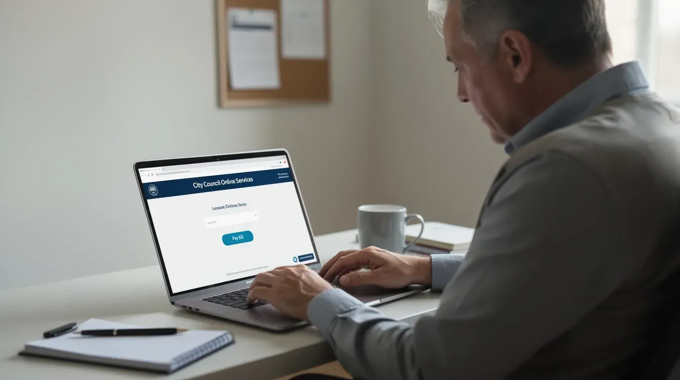 A person is seated at a desk, focused on a laptop screen while making an online payment for services on the Bedworth Borough Council website. The setting suggests a home office environment, emphasizing the accessibility of council services for residents in Nuneaton and Bedworth.