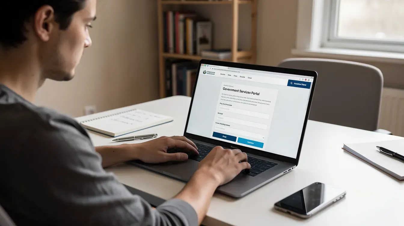 The image shows a person sitting at a desk, focused on their laptop as they fill out an online passport application form. Various documents and a printed passport photo are nearby, suggesting they are confirming their identity for a current British or Irish passport.
