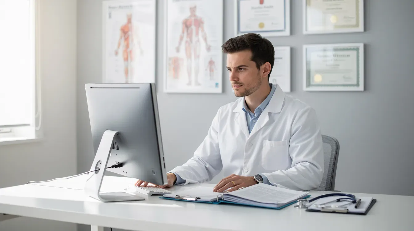 A medical professional in a white coat is seated at a desk in a clinical office, focused on paperwork related to patient care and identity confirmation for passport applications. The setting is organized and equipped with medical supplies and a computer, reflecting a professional environment.