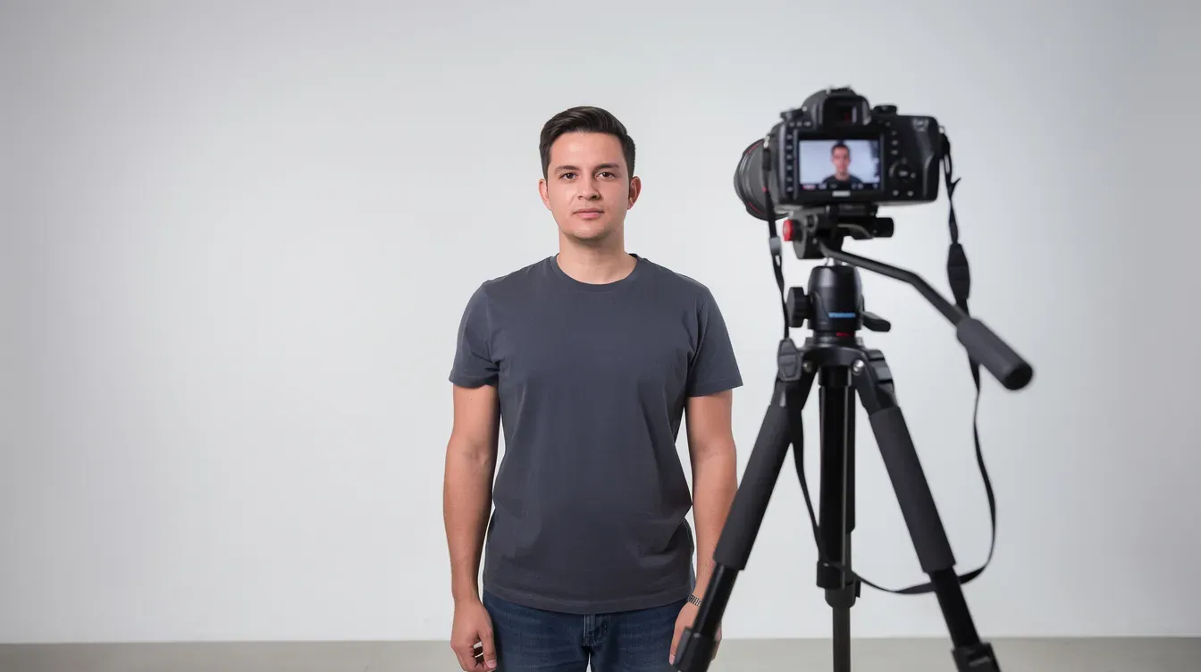 A person is standing in front of a plain white wall, having their passport photo taken with a camera mounted on a tripod. This image captures the process of obtaining a British passport, which may be relevant for British citizens and overseas territories citizens applying for or renewing their passports.