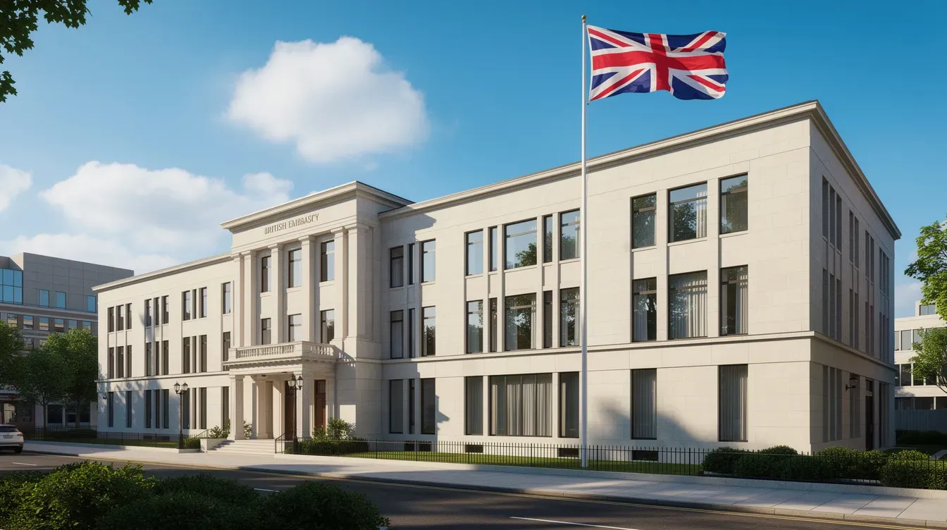 The image shows the exterior of a British embassy building, prominently displaying the Union Jack flag against a clear blue sky on a sunny day. This setting symbolizes British national presence and support for British citizens and overseas territories citizens outside the UK.