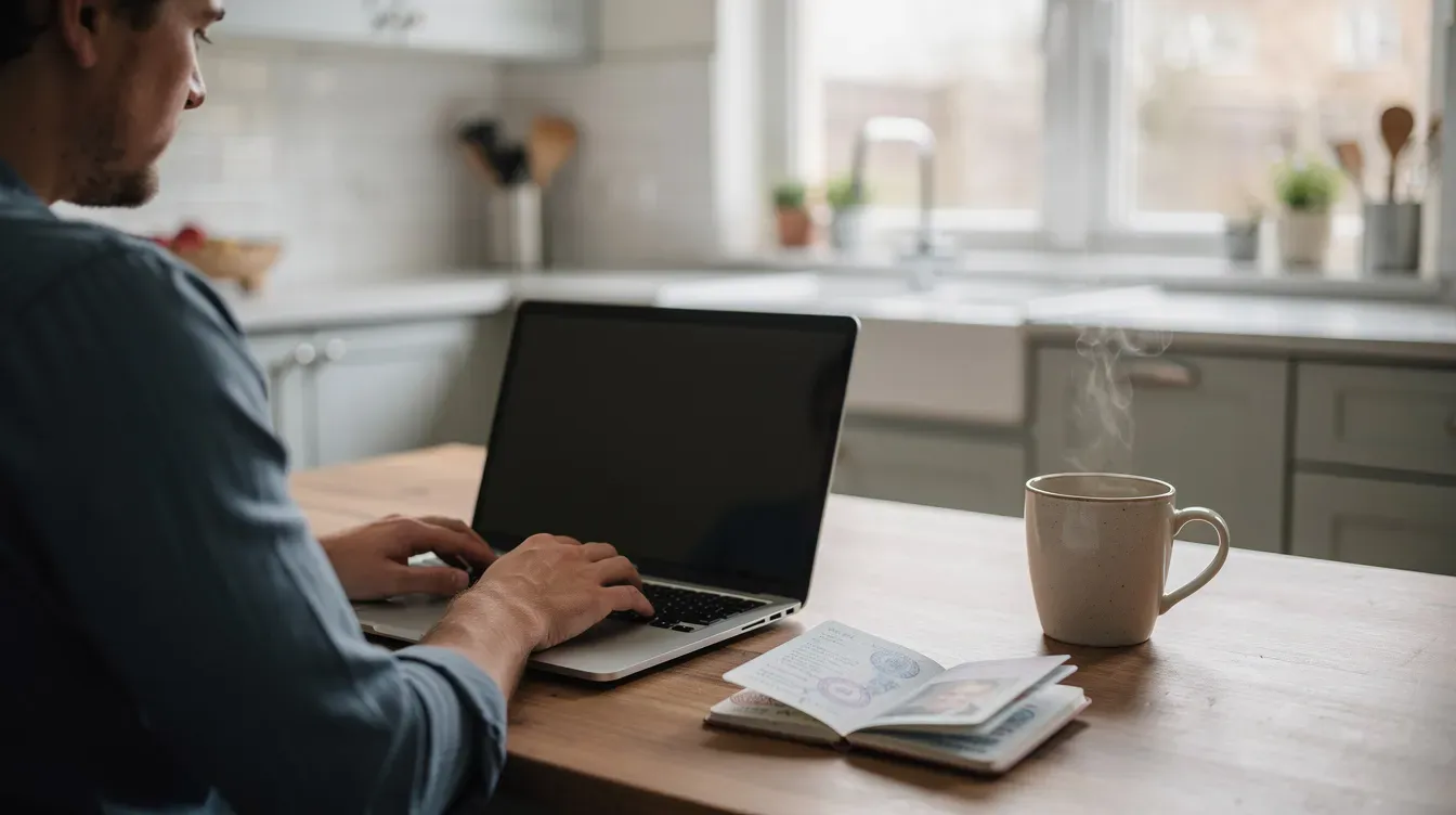 A person is seated at a kitchen table, focused on their laptop while an open UK passport lies next to a coffee mug. The scene suggests they might be checking passport details or planning a trip abroad, highlighting the importance of passport validity and travel advice.