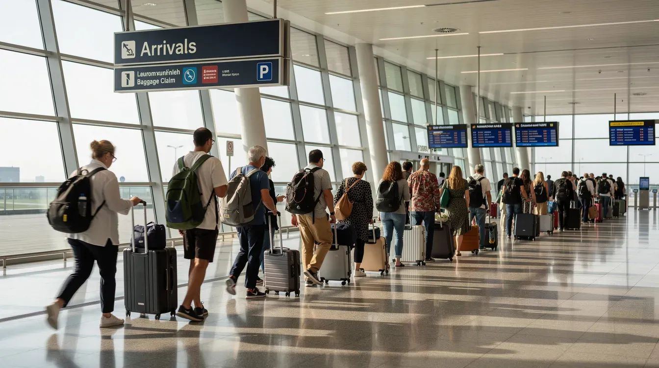 A queue of travelers is walking through a European airport arrivals corridor, with some holding their UK passports and others carrying various travel documents. The atmosphere is filled with anticipation as passengers prepare to meet family members or continue their journeys to different destinations in the EU.