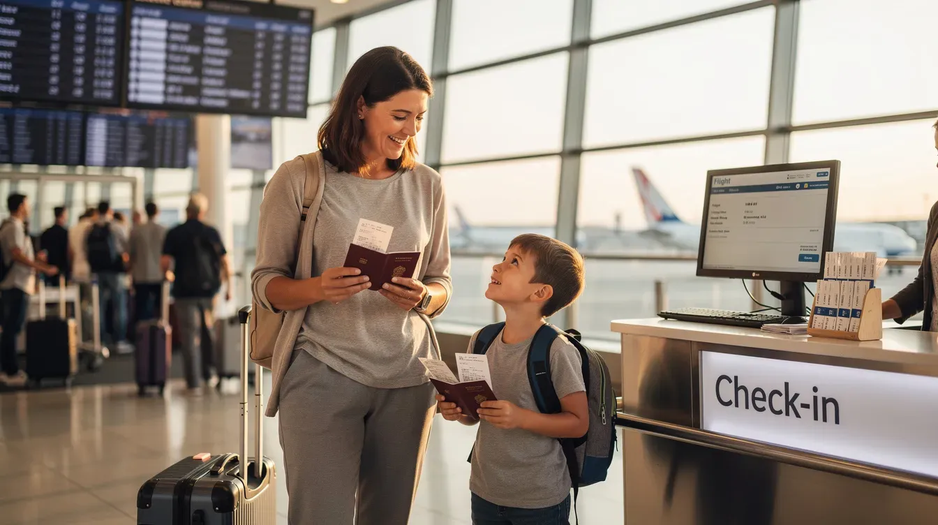 A parent and child stand at an airport check-in desk, each holding their passports and boarding passes, ready for their trip abroad. The scene captures the excitement of travel, with the parent checking passport details and ensuring that their documents meet the entry requirements for their destination.