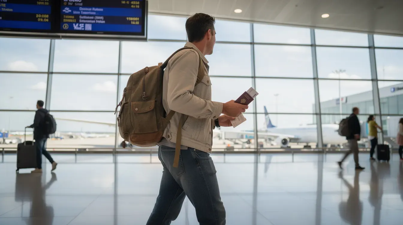 A frequent traveller is seen walking through an international airport departure gate, carrying a backpack and holding a valid passport in hand, ready for their next trip. The scene captures the essence of travel planning as they navigate the bustling airport environment.