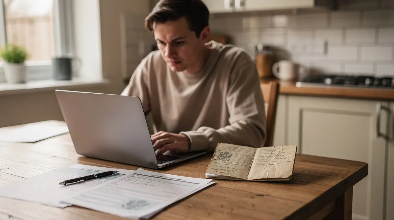 A person is seated at a kitchen table, focused on a laptop while completing a passport application, with their old passport placed nearby. The scene highlights the process of renewing a UK passport, emphasizing the importance of personal details and supporting documents for a valid application.