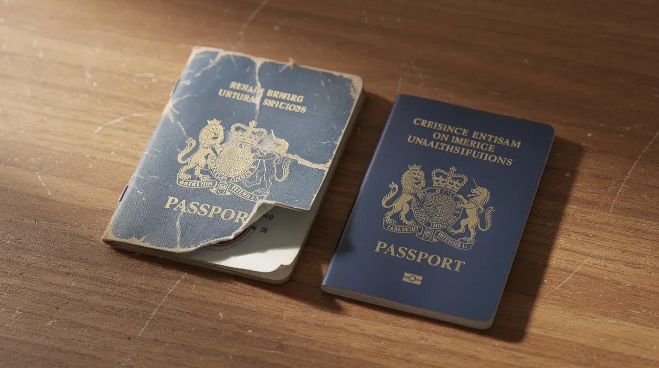 An old blue UK passport with a corner cut off is placed next to a newer passport on a wooden desk, highlighting the contrast between the physical passport's wear and the pristine condition of the current passport. This image reflects the importance of passport renewal and maintaining valid travel documents.