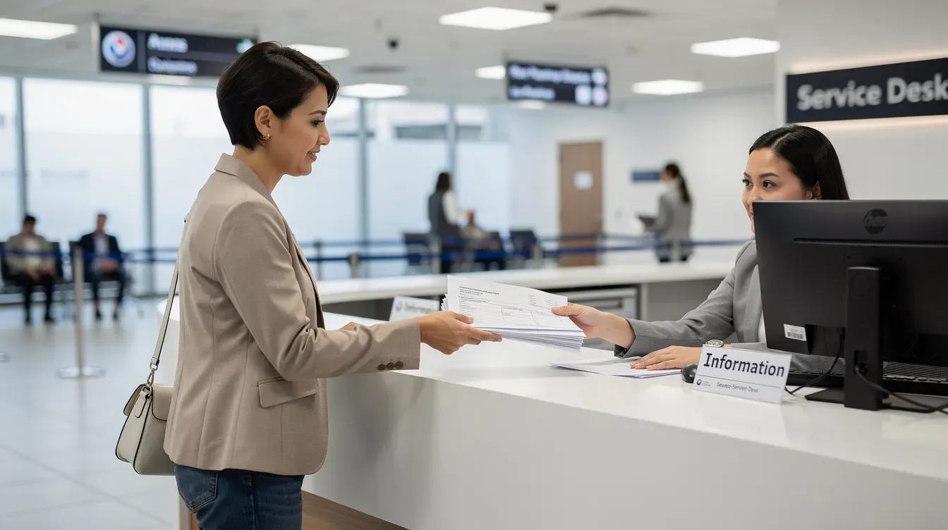 An individual stands at a government service counter, submitting documents for a passport application, possibly seeking to renew their adult passport or apply for a child passport. The scene reflects the urgency of needing a passport urgently, as they prepare to complete the necessary paperwork for fast track service.