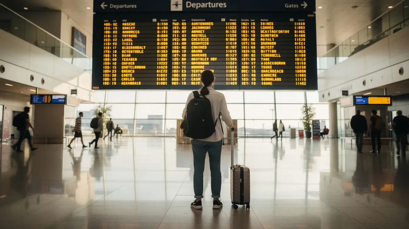 A traveller stands in an airport terminal, intently gazing at the departure boards displaying flight information. The atmosphere is bustling, with other passengers moving about as they prepare for their journeys.