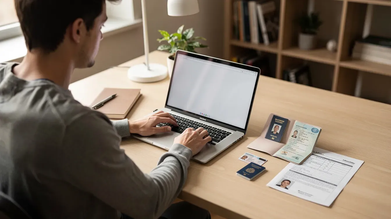 The image depicts a person working at a home office desk, focused on their laptop, with various identity documents, including a company's PSC information, laid out beside the computer. This setup suggests they may be preparing to exercise significant control or influence over a UK company, emphasizing the importance of maintaining accurate personal details for compliance with legal obligations.