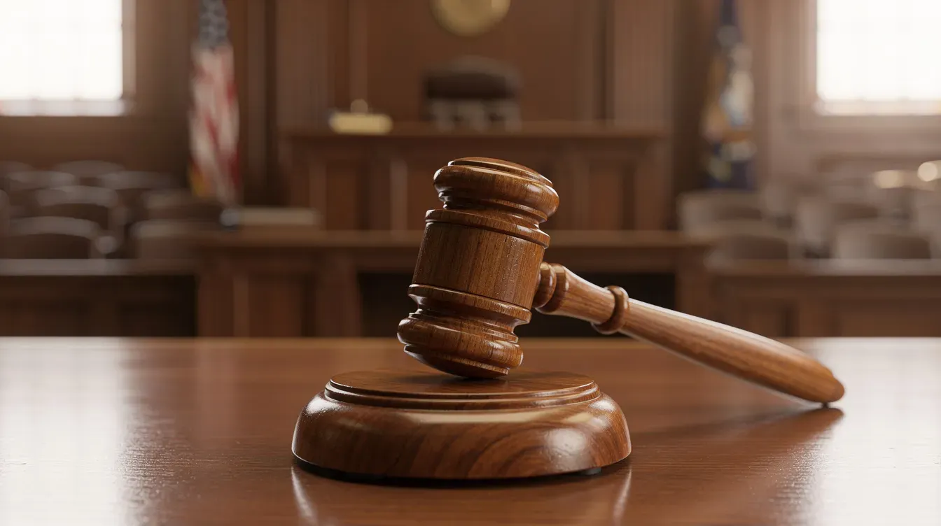 The image shows a wooden gavel resting on a polished desk in a courtroom, symbolizing authority and the legal process. This setting is often associated with significant control and decision-making in legal matters, reflecting the importance of proper governance and transparency in companies.