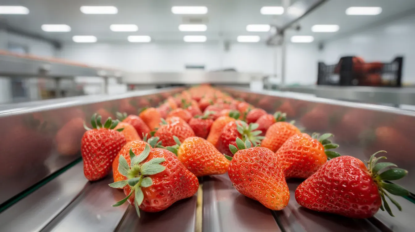 Fresh red strawberries are moving along a stainless steel conveyor belt in a brightly lit packing facility, showcasing the efficient processing of fruit by a British food manufacturer. The vibrant color of the strawberries highlights the company's commitment to quality and sustainability in the fruit industry.